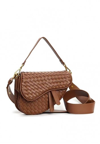 Mia Saddle Woven Leather Shoulder Bag Camel