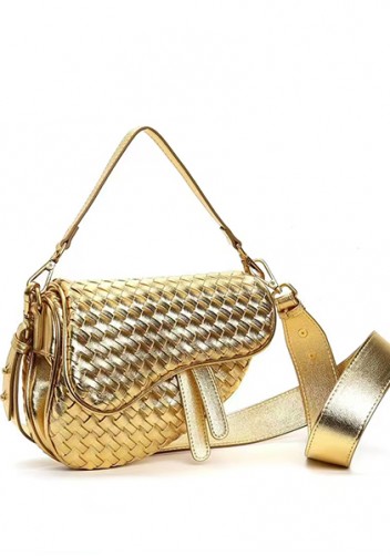 Mia Saddle Woven Leather Shoulder Bag Gold