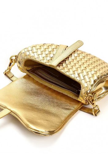 Mia Saddle Woven Leather Shoulder Bag Gold
