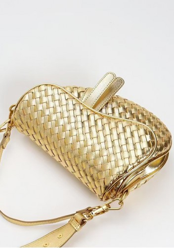 Mia Saddle Woven Leather Shoulder Bag Gold