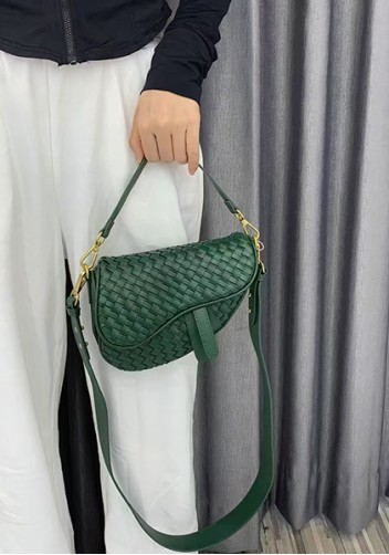 Mia Saddle Woven Leather Shoulder Bag Green