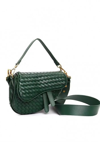 Mia Saddle Woven Leather Shoulder Bag Green