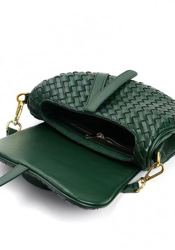 Mia Saddle Woven Leather Shoulder Bag Green
