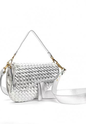 Mia Saddle Woven Leather Shoulder Bag Silver