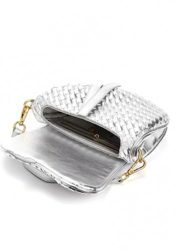 Mia Saddle Woven Leather Shoulder Bag Silver