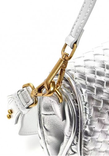 Mia Saddle Woven Leather Shoulder Bag Silver