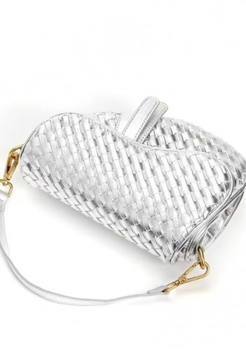 Mia Saddle Woven Leather Shoulder Bag Silver