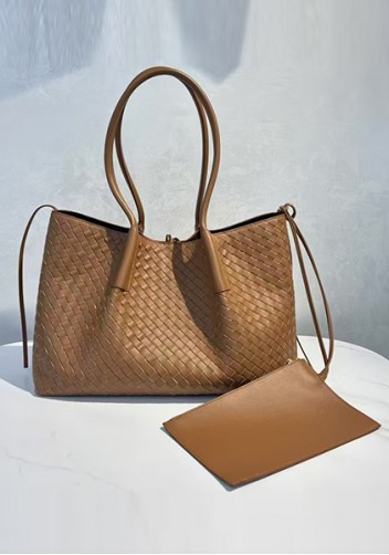 Mia Gallery Woven Leather Shoulder Large Bag Camel