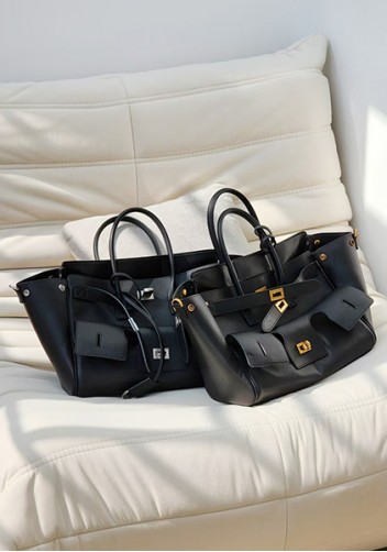 Monaco Glam Carry All Large Leather Shoulder Bag Black Gold