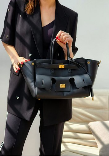 Monaco Glam Carry All Large Leather Shoulder Bag Black Gold