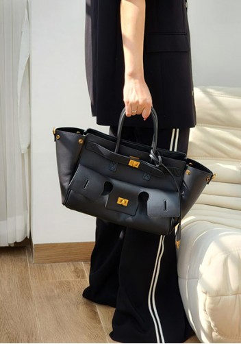 Monaco Glam Carry All Large Leather Shoulder Bag Black Gold