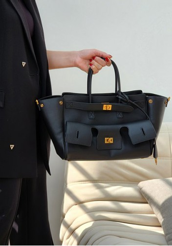 Monaco Glam Carry All Large Leather Shoulder Bag Black Gold