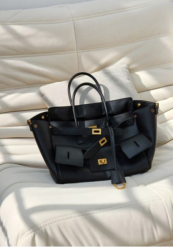 Monaco Glam Carry All Large Leather Shoulder Bag Black Gold