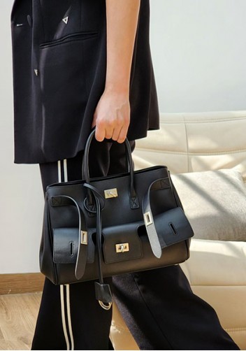 Monaco Glam Carry All Large Leather Shoulder Bag Black Silver