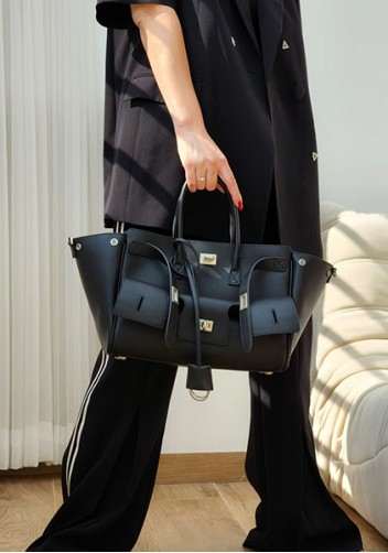 Monaco Glam Carry All Large Leather Shoulder Bag Black Silver