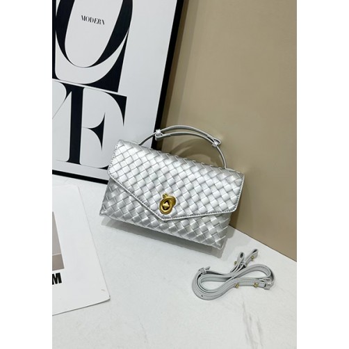 Envelope Lock Woven Vegan Leather Bag Silver