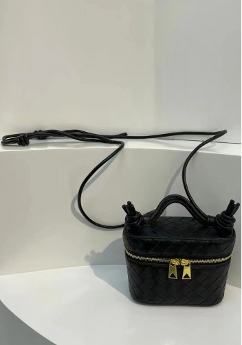 Mia Woven Leather Beauty Case Black