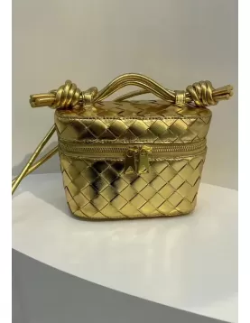 Mia Woven Leather Beauty Case Gold