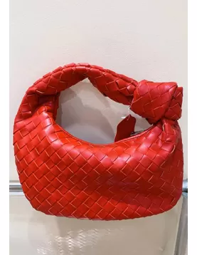 Dina Small Knotted Intrecciato Vegan Leather Tote Red