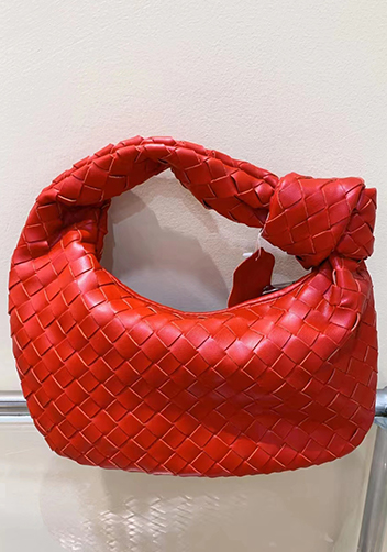 Dina Small Knotted Intrecciato Vegan Leather Tote Red